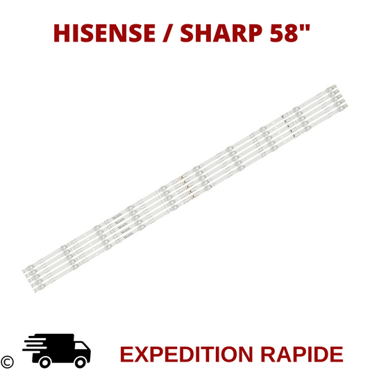 KIT 5 BANDES LEDS POUR TV SHARP / HISENSE 58"  Exemple de modèle compatible :   LC-58Q7330U 58R6E 58H6550E HZ58A55 H58AE6100 H58A6100 H58E3A  Longueur et largeur (mm):1100*12